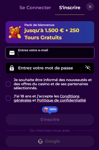 Formulaire d'inscription NoodleSpin affichant le pack de bienvenue jusqu'à 1 500 € et 250 tours gratuits