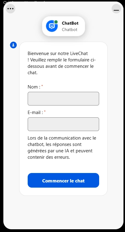 Fenêtre du LiveChat NoodleSpin avec formulaire de contact
