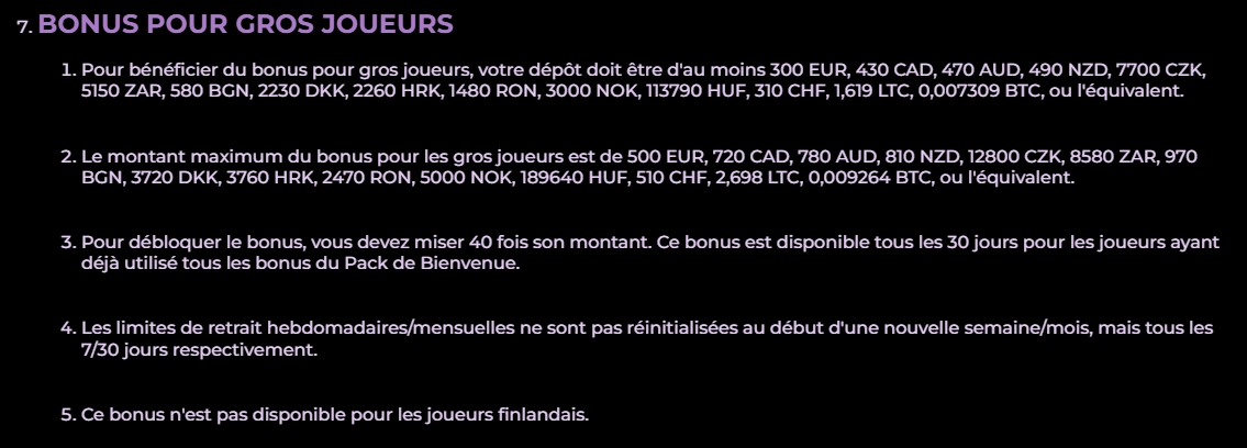 Conditions du bonus NoodleSpin pour gros joueurs avec dépôt minimum, bonus maximal et exigence de mise x40