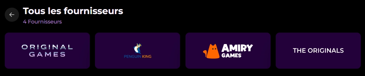 Les quatre fournisseurs de jeux affichés sur NoodleSpin