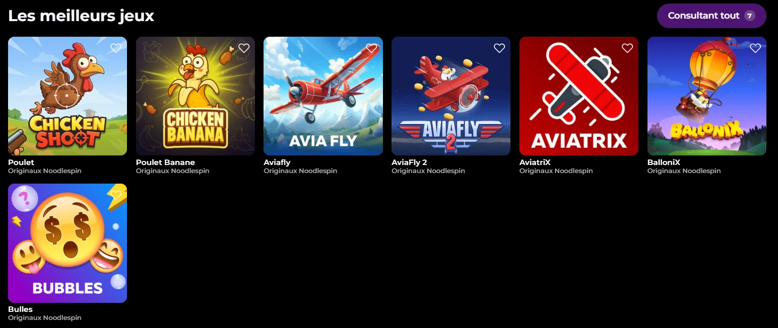 Les sept jeux NoodleSpin Originals affichés dans la section des meilleurs jeux