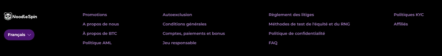 Liens vers les documents et politiques disponibles dans le pied de page NoodleSpin